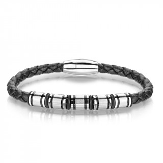 Bracelet homme en cuir tress  cylindres inox