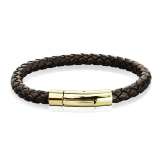 Bracelet homme en cuir tress marron  attache cylindrique dore