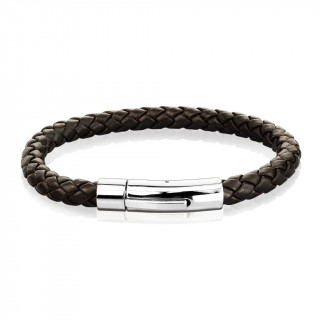 Bracelet homme en cuir tress marron  attache cylindrique mtal