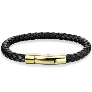 Bracelet homme en cuir tress noir  attache cylindrique dore