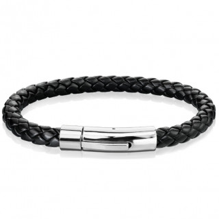 Bracelet homme en cuir tress noir  attache cylindrique mtal