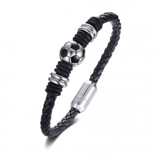 Bracelet homme en cuir tress noir  ballon d'acier