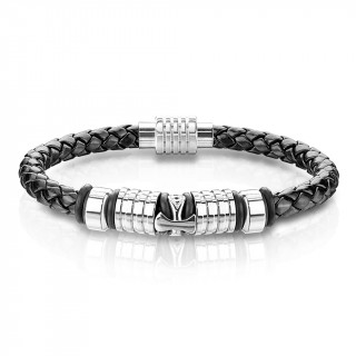 Bracelet homme en similicuir tress  croix et anneaux inox