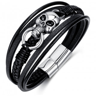 Bracelet homme goth-rock similicuir  large tte de mort acier