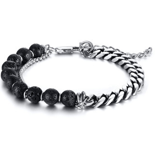 Bracelet homme mi perles de lave noires, mi acier