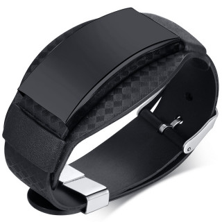 Bracelet homme noir à ruban damier et large plaque d'acier