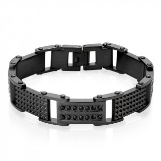 Bracelet homme noir en acier  plaques pyramides et pierres noires