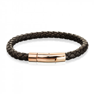 Bracelet homme noir en cuir tressé à attache cylindrique cuivrée
