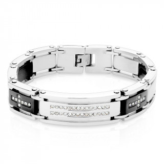 Bracelet homme noir et argent en acier  bandes et croix de pierres