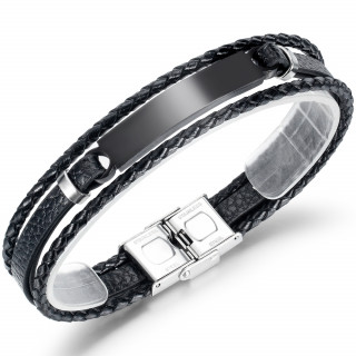 Bracelet homme noir tress  plaque d'acier