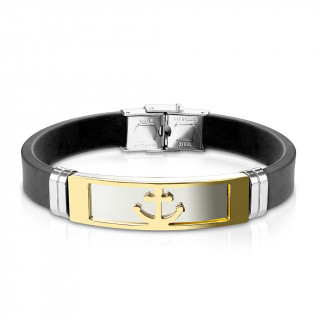 Bracelet homme silicone avec plaque acier  ancre marine dore