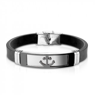 Bracelet homme silicone avec plaque acier  ancre marine noire