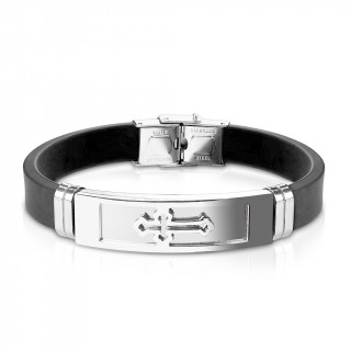 Bracelet homme silicone avec plaque acier  croix