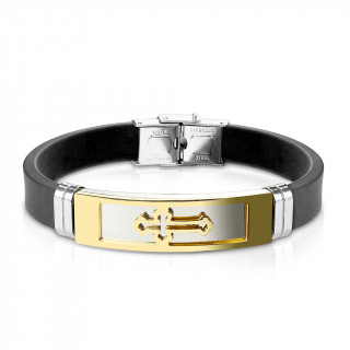 Bracelet homme silicone avec plaque acier  croix dore