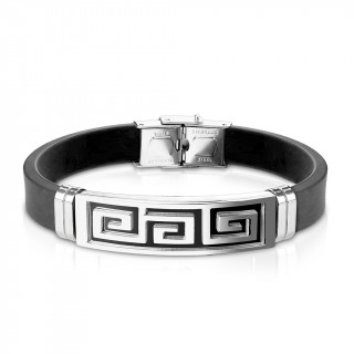 Bracelet homme silicone avec plaque acier  labyrinthe noir et gris