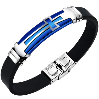Bracelet homme silicone  plaque croix acier bleue et grise