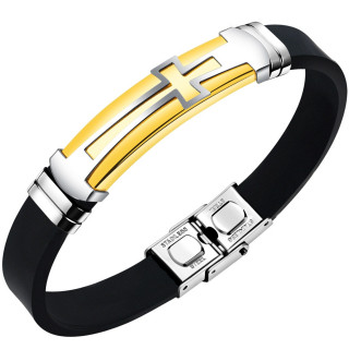 Bracelet homme silicone  plaque croix acier dore et grise