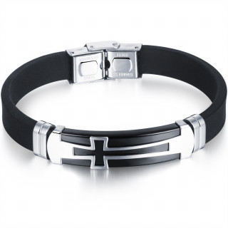 Bracelet homme silicone  plaque croix acier noire et grise