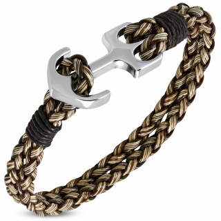 Bracelet homme similicuir brun et blanc  attache ancre marine