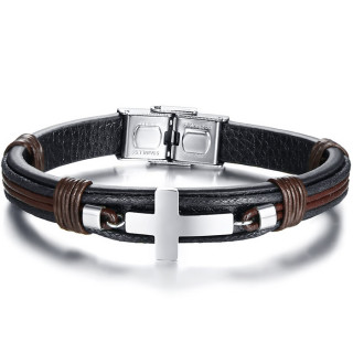 Bracelet homme similicuir noir et marron  croix acier