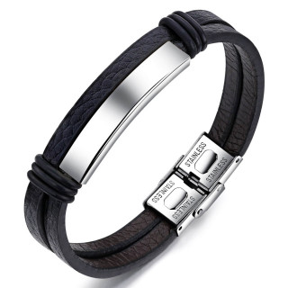 Bracelet homme similicuir noir  plaque dcentre en acier