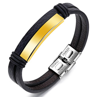 Bracelet homme similicuir noir  plaque dcentre en acier dor