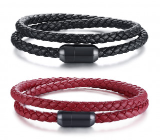 Bracelet homme similicuir tresse double tour (noir ou rouge)