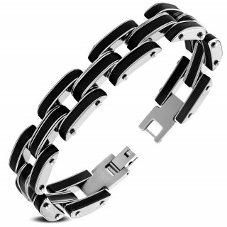 Bracelet homme style chenille en acier argent et acrylique noir