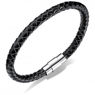 Bracelet homme tresse de cuir noir avec attache magntique