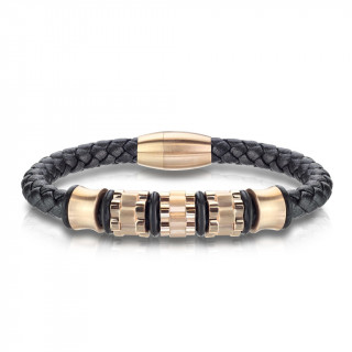 Bracelet homme tresse de cuir noir et cylindres cuivrs