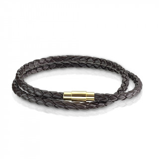 Bracelet homme tresse double tour similicuir marron à attache dorée