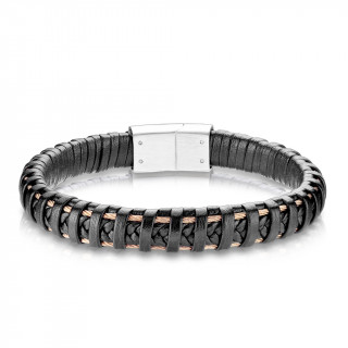 Bracelet homme tresse et lanire cuir travers de filins cuivrs