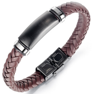 Bracelet homme à tresse marron et plaque bombée en acier