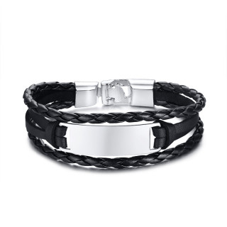 Bracelet homme à tresses de cuir noir et plaque métal grise