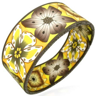 Bracelet jaune et brun  carrs de fleurs