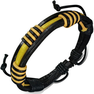 Bracelet jaune et noir en cuir et cordes enroules