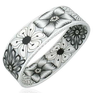 Bracelet large noir et blanc  fleurs