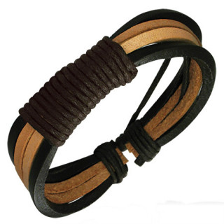 Bracelet  marron, noir et beige à quatre lanières de cuir avec cordage