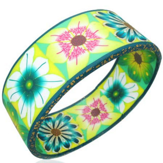 Bracelet multicolore flexible  fleurs fantaisies sur large bandeau