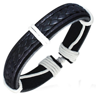 Bracelet noir avec tresse de cuir sur large bande avec cordes blanches