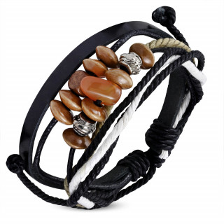 Bracelet noir et blanc en cuir et cordes avec perles bois, mtal et pierre