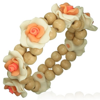 Bracelet orange et blanc crême à roses en fimo et perles