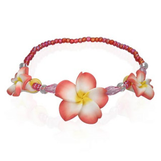 Bracelet rouge  perles et fleurs tropicales en fimo