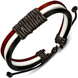Bracelet rouge, blanc, noir à lanières de cuir et cordage marron