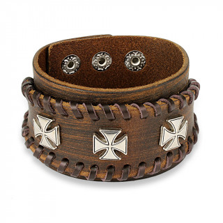 Bracelet similicuir marron aspect us travers de lacets avec trio de croix de Malte