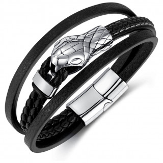 Bracelet similicuir noir  tte de serpent en acier