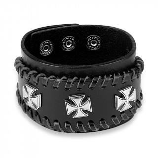Bracelet similicuir noir travers de lacets avec trio de croix de Malte