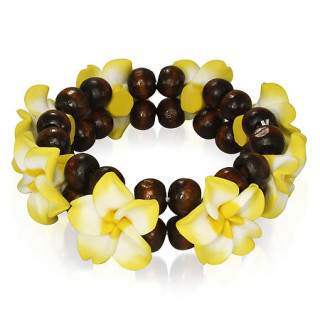 bracelet style hawaien  fleurs fimo jaunes et perles marrons