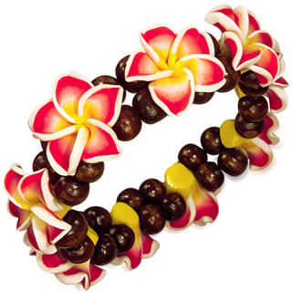 Bracelet style tahitien  fleurs et perles de bois fonc