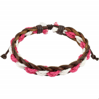 Bracelet tressé de cuir marron avec cordage blanc et rose